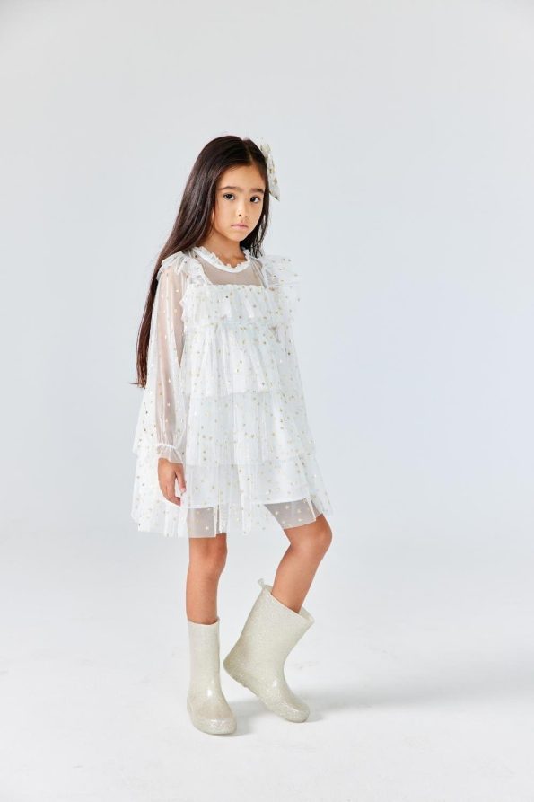 Ecru Star Patterned Layered Dress for Girls - Felicia
