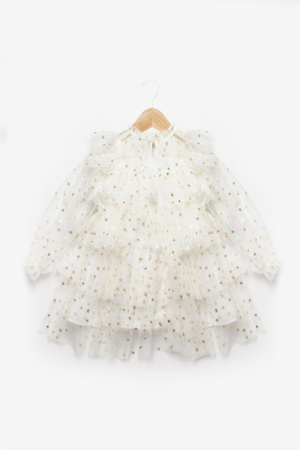 Ecru Star Patterned Layered Dress for Girls - Felicia