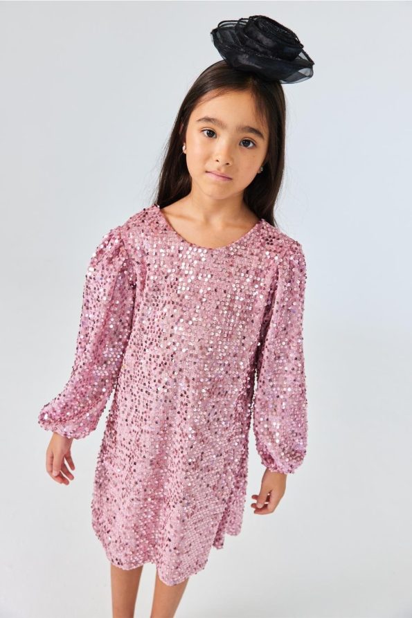 Dusty Rose Sequin Velvet Dress for Girls - Oriel