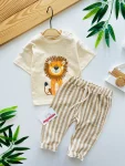 Lion Print Striped Muslin Fabric 2-Piece Set