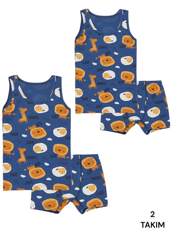 Sun Navy Blue Boys' Cute Giraffe Pattern Cotton Tank Top and Boxer Set
