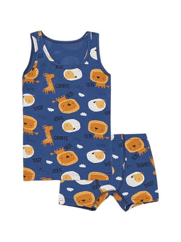 Sun Navy Blue Boys' Cute Giraffe Pattern Cotton Tank Top and Boxer Set