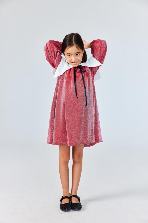 Red Long Sleeve Dress with Collar Detail for Girls