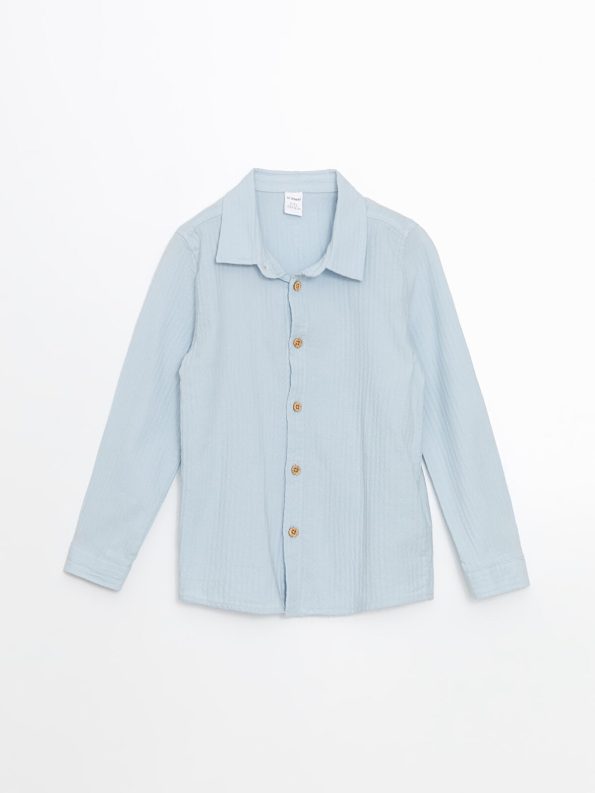 LCW Kids Blue Textured Krinkle Shirt for Boys