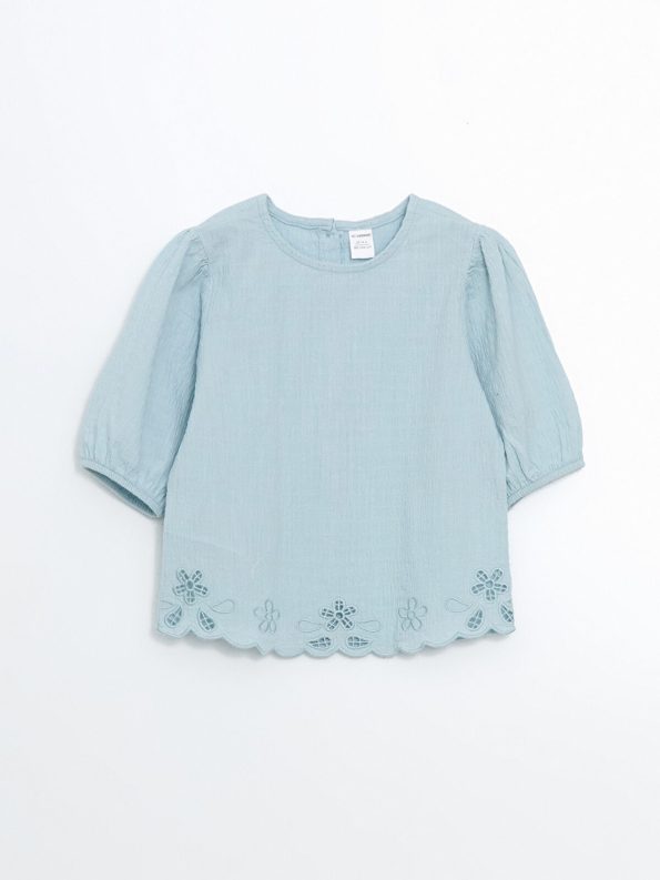 LCW Kids Blue Embroidered Round Neck Blouse for Girls