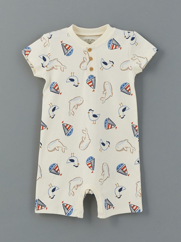 LCW Baby Beige Printed Short Sleeve Romper for Boys