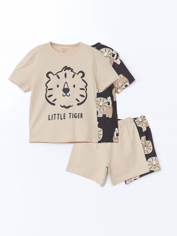 LCW Baby Beige Printed Short Sleeve Pajama Set for Boys