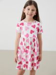 LCW Kids Cream Printed Crew Neck Dress for Girls
