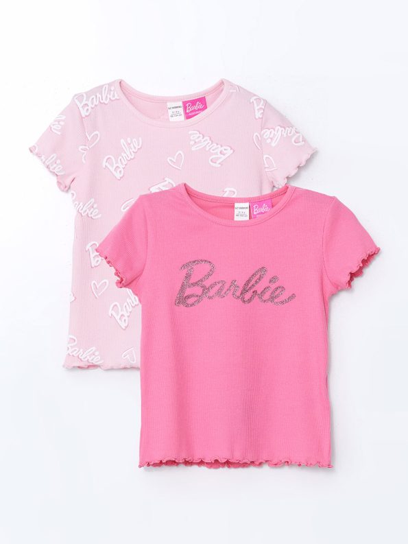 LCW Kids Pink Barbie Print Ruffled T-Shirt Set for Girls