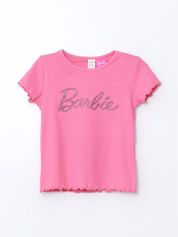 LCW Kids Pink Barbie Print Ruffled T-Shirt Set for Girls