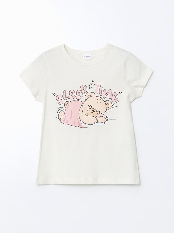 LCW Kids Cream Printed Cotton Short Pajama Set for Girls