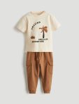 LCW Baby Beige Dinosaur Print Baby Boy T-Shirt and Pants Set