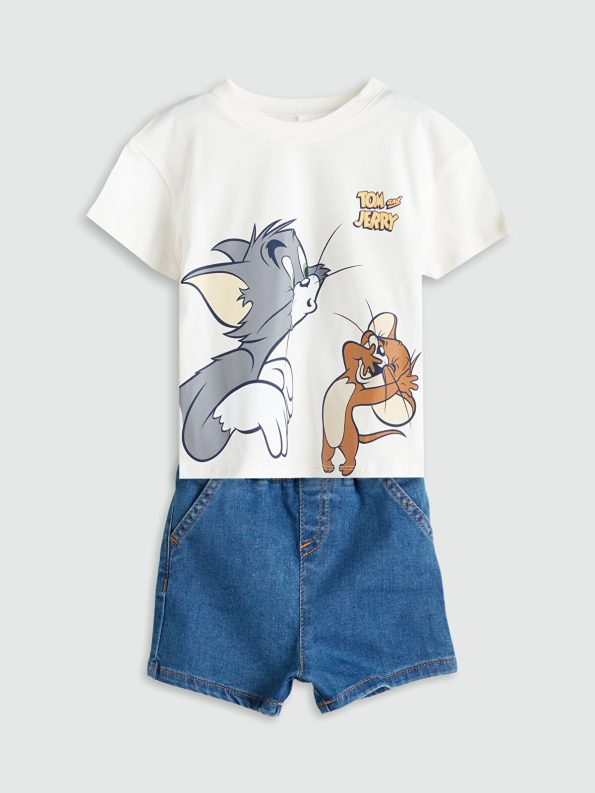 LCW Baby Cream Tom & Jerry Printed Boys T-Shirt and Shorts Set