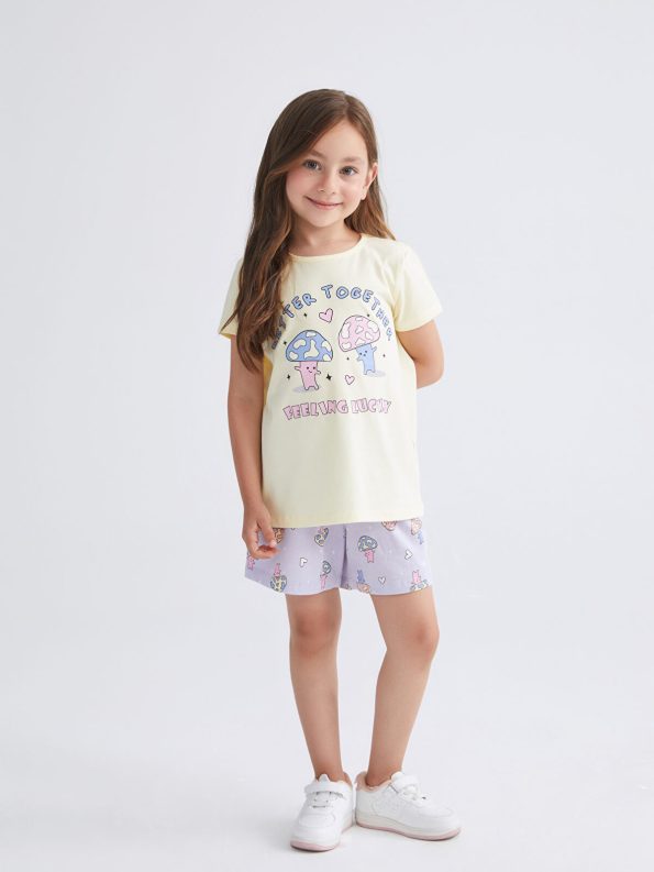 LCW Kids Yellow Printed Girls' Pajama Set with Shorts
