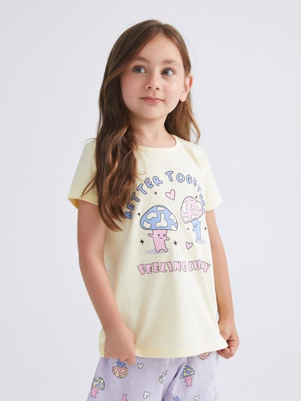 LCW Kids Yellow Printed Girls' Pajama Set with Shorts