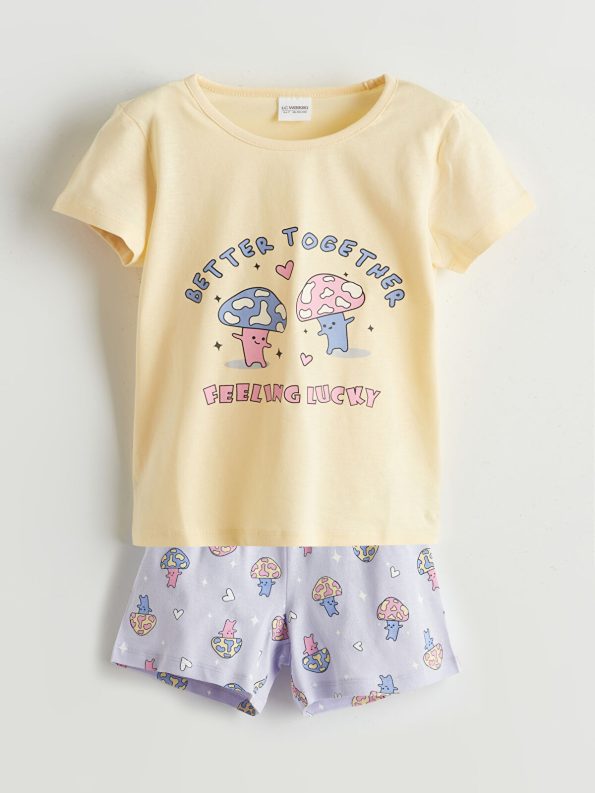LCW Kids Yellow Printed Girls' Pajama Set with Shorts