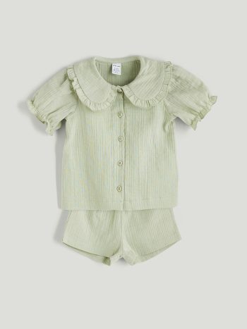 LCW Baby Green Ruffled Collar Girl's Shirt and Shorts Set