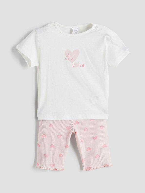 LCW Baby Cream Heart Print Girls' T-Shirt and Shorts Set