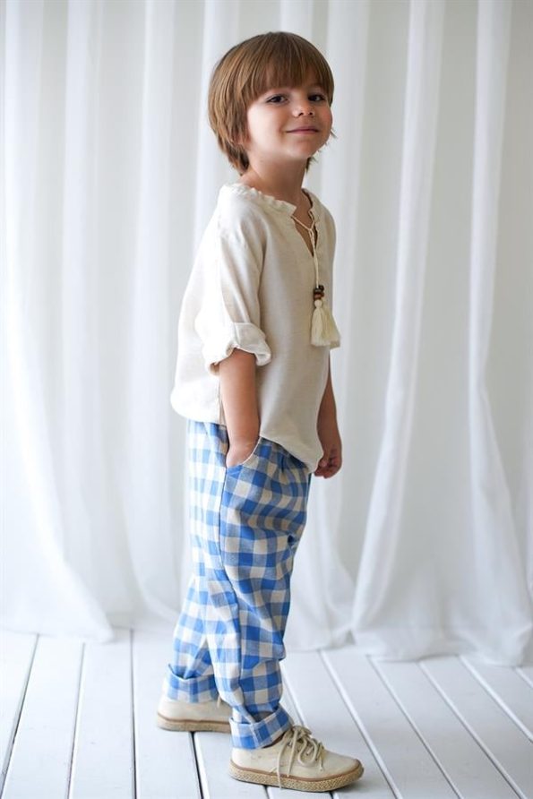Blue Cream Checkered Carrot Pants + Cream Linen Tie Shirt