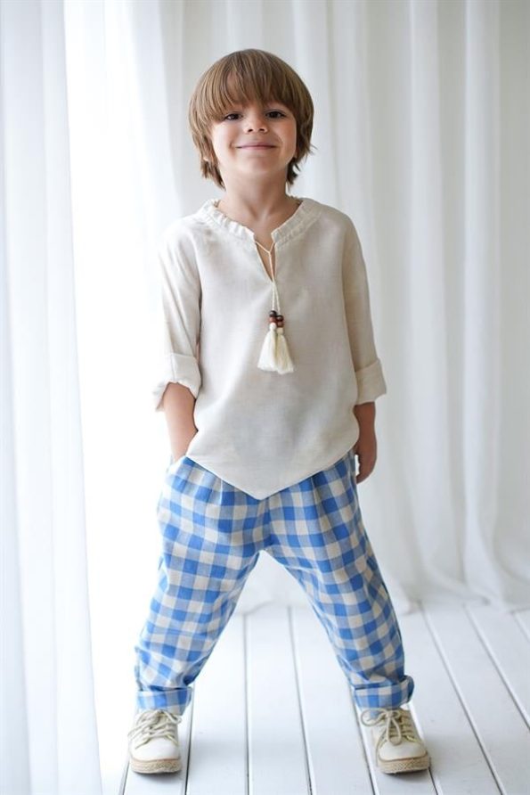 Blue Cream Checkered Carrot Pants + Cream Linen Tie Shirt