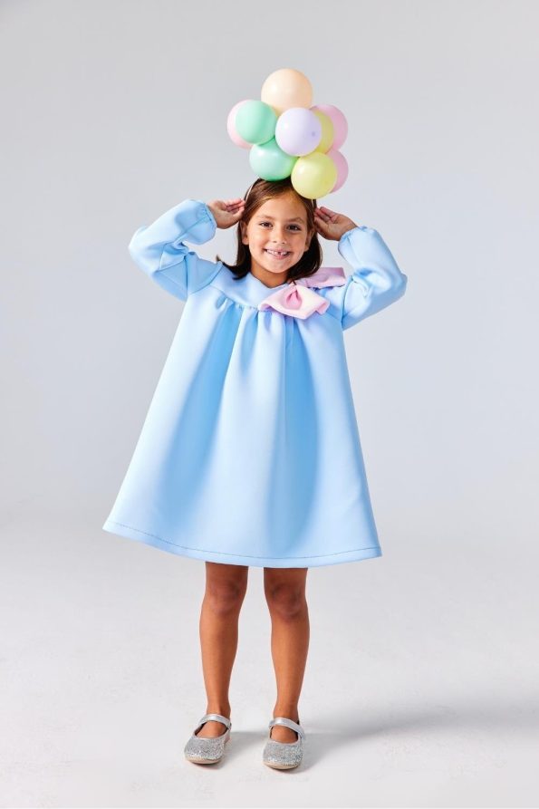 Blue Shoulder Bow Detail Girls Dress - Leah