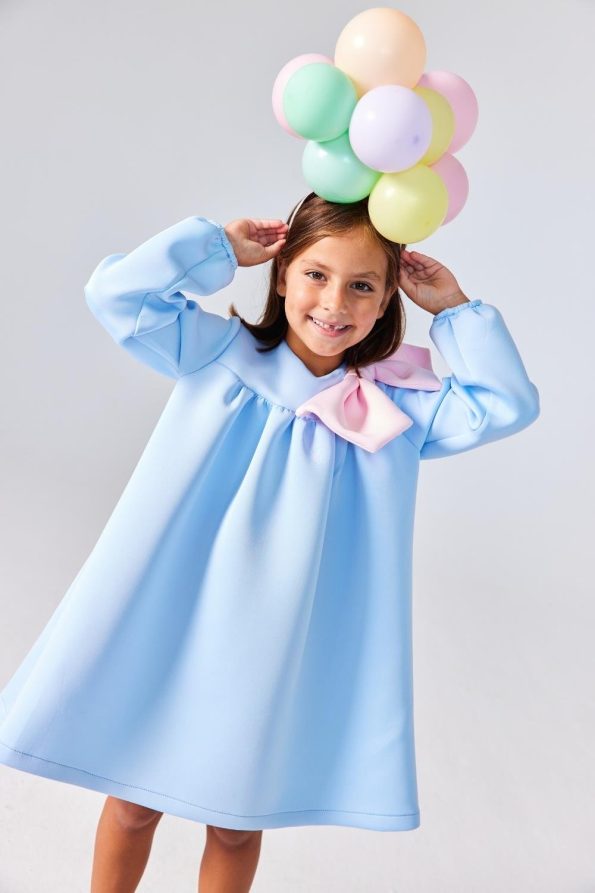 Blue Shoulder Bow Detail Girls Dress - Leah