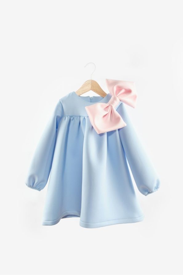 Blue Shoulder Bow Detail Girls Dress - Leah