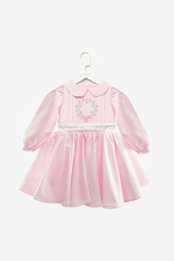 Pink Long Sleeve Flower Embroidered Dress for Girls - Rina