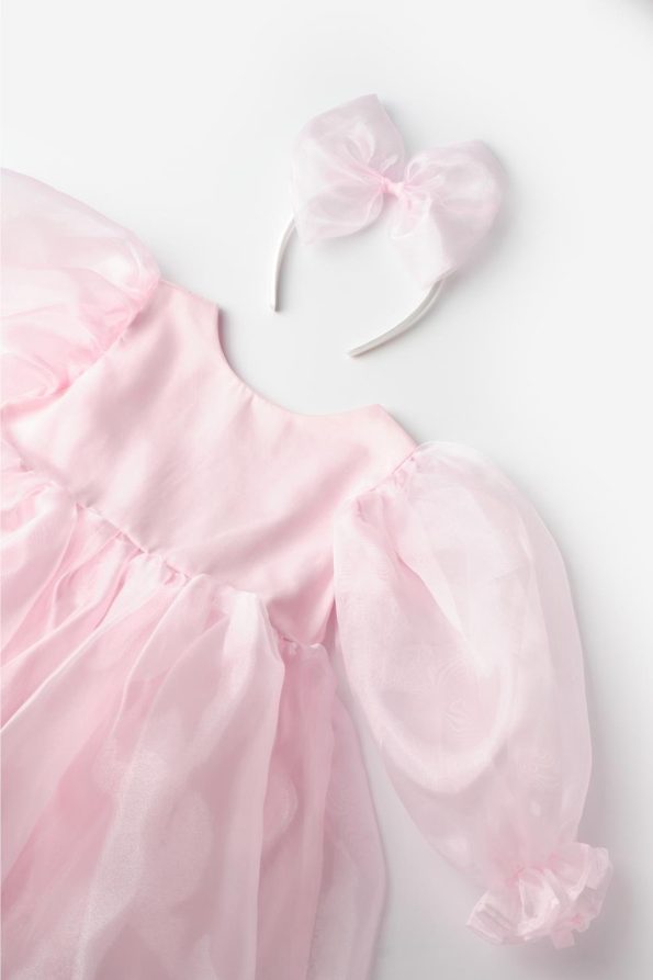 Pink Long Sleeve Organza Girl's Party Dress
