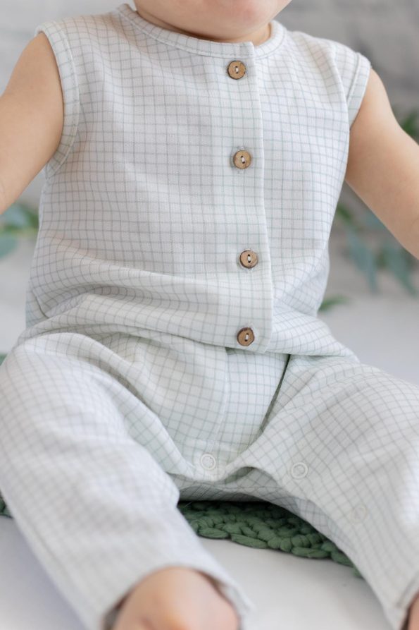 Boys' Ecru Checkered Sleeveless Romper