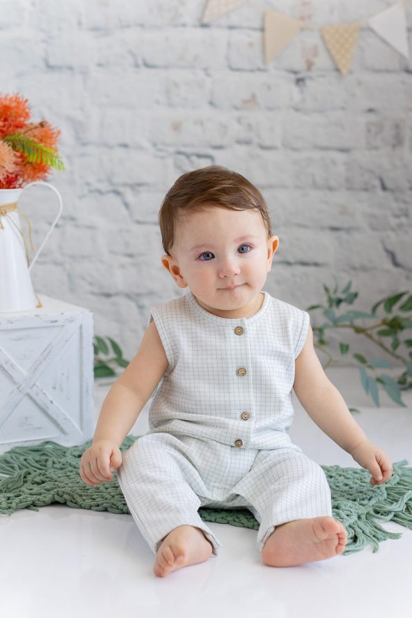 Boys' Ecru Checkered Sleeveless Romper
