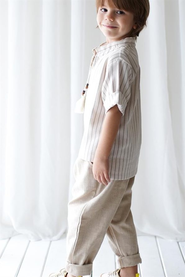 Beige Linen Stitched Carrot Pants + Cream Brown Striped Linen Shirt