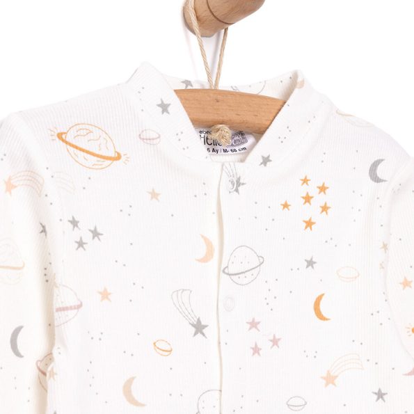 Newborn Boys' Beige Space-Themed Romper with Socks and Ribbed Details