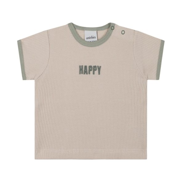 Green Detailed Beige Waffle Short Sleeve Set